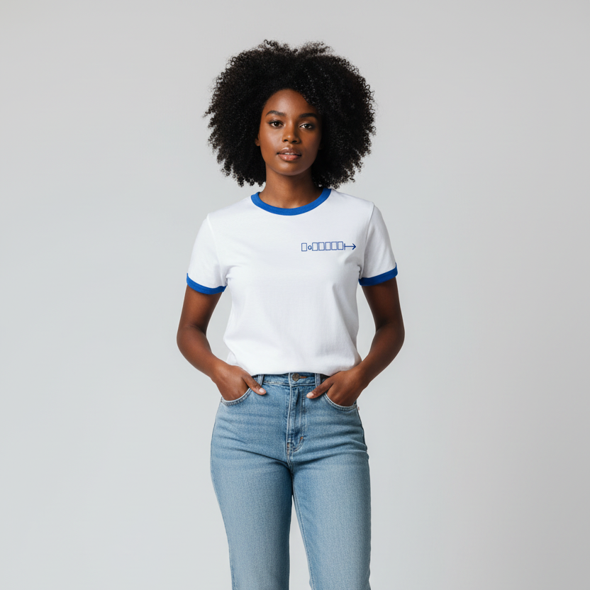White ringer tee with royal blue trim and geometric logo