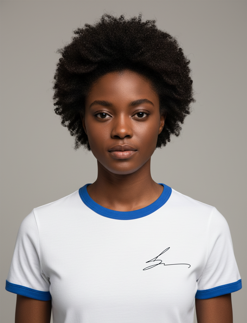White ringer tee with royal blue trim