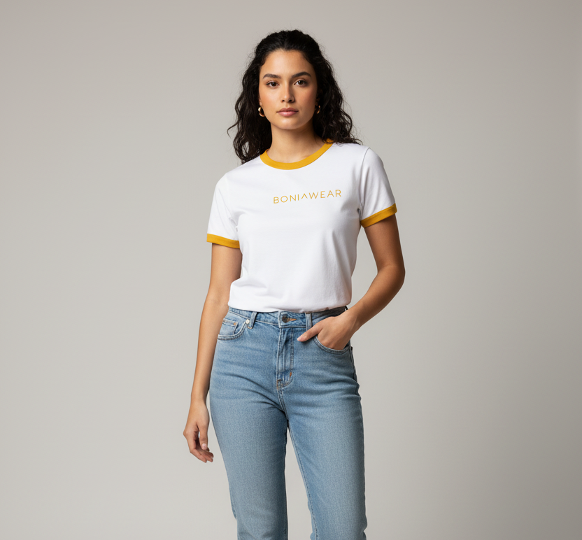 White ringer tee with yellow trim and BONIWEAR logo