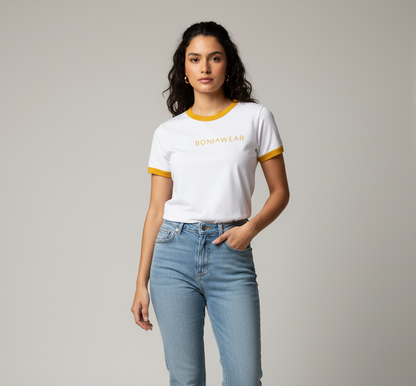 White ringer tee with yellow trim and BONIWEAR logo
