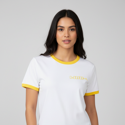 White ringer tee with yellow trim and geometric logo
