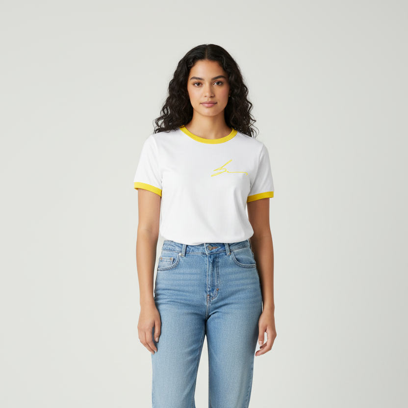 White ringer tee with yellow trim