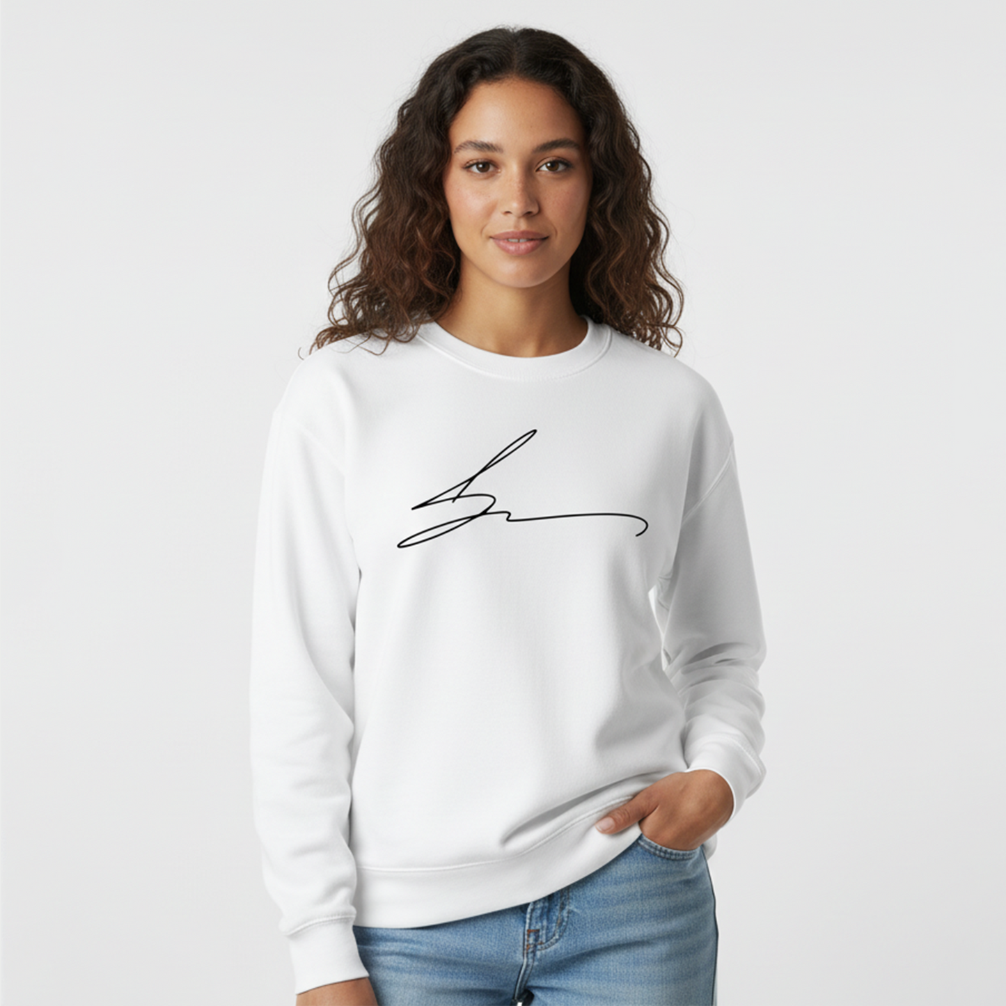 White sweatshirt with signature logo