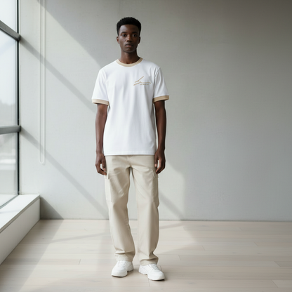 White with beige trim and beige logo