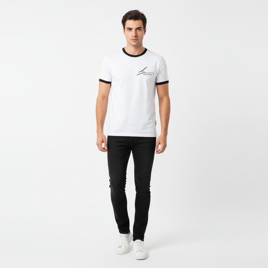 White with black trim and black logo