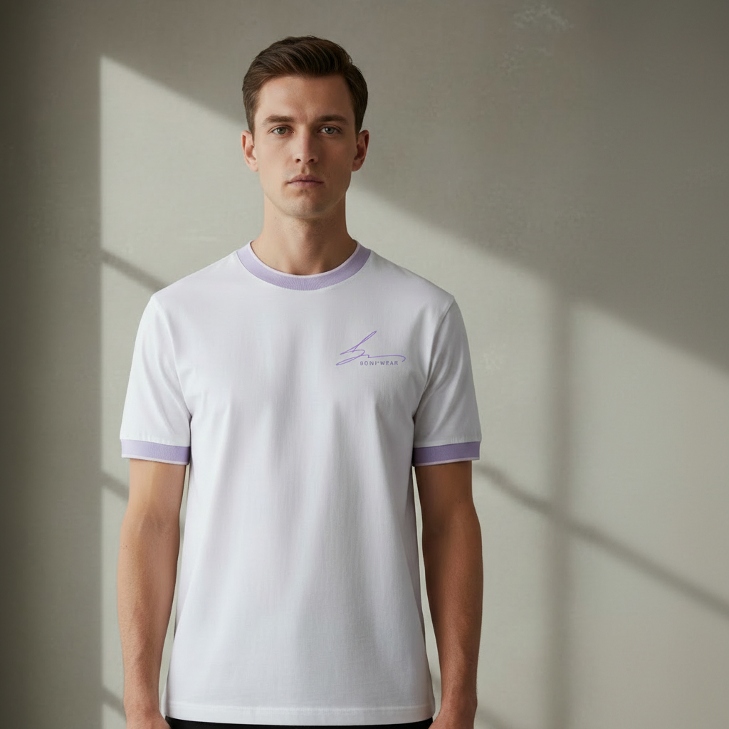 White with light purple trim and purple logo