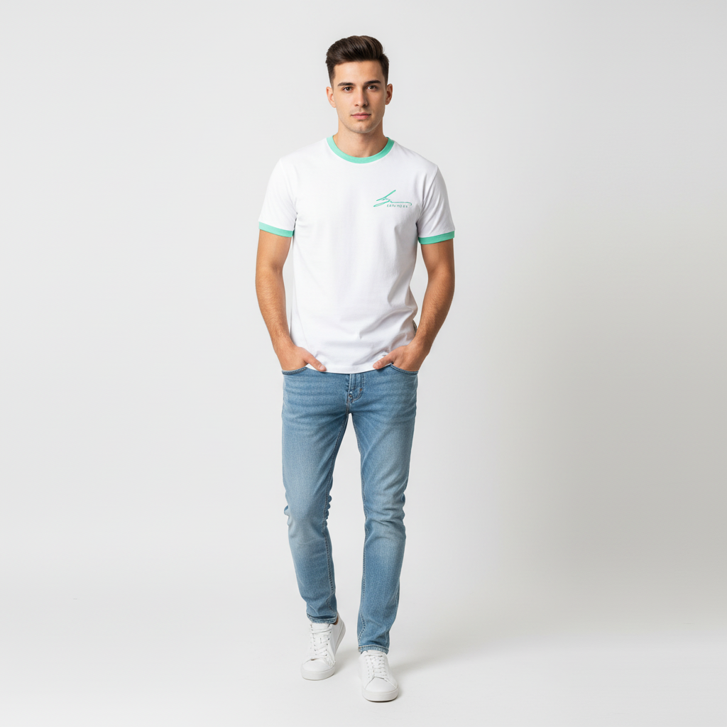 White with mint green trim and mint green logo