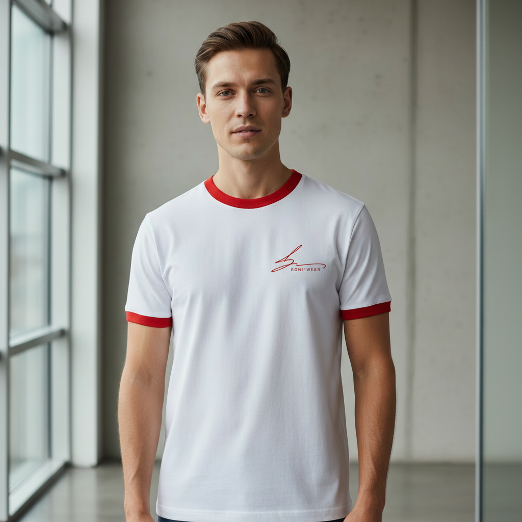 White with red trim and red logo