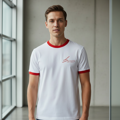 White with red trim and red logo