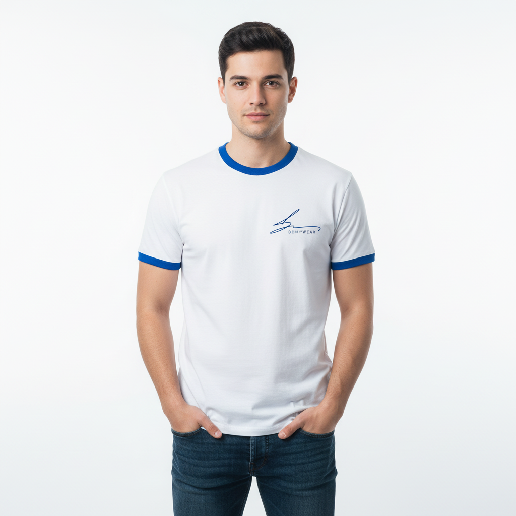 White with royal blue trim and blue logo