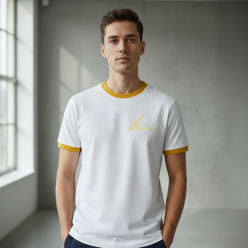 White with yellow trim and yellow logo