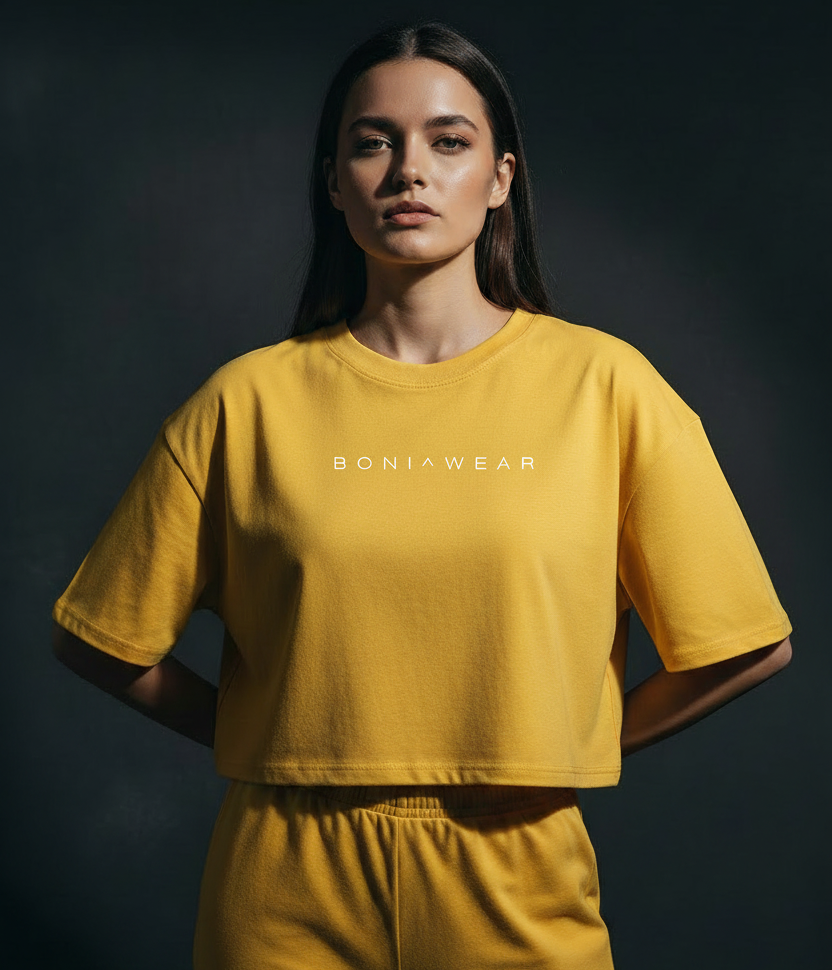Yellow boxy fit cropped tee with BONI^WEAR logo