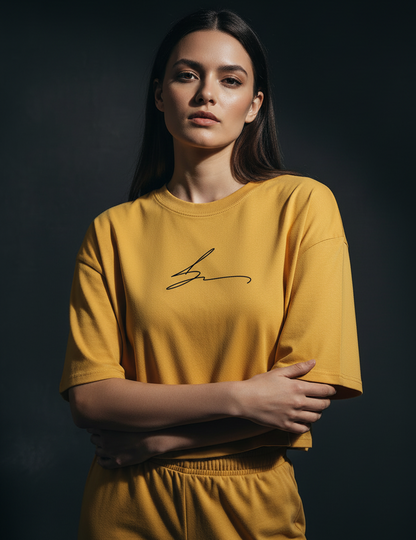 Yellow boxy fit cropped tee with white logo