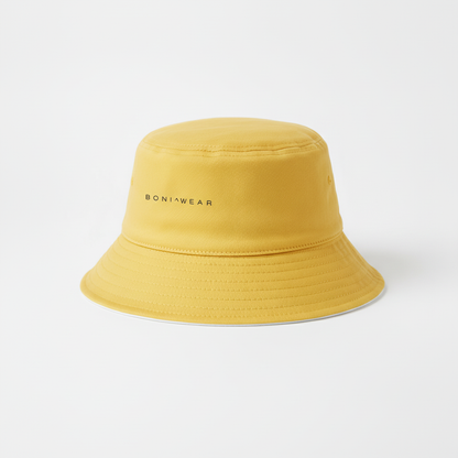 Yellow bucket hat with corrected logo placement