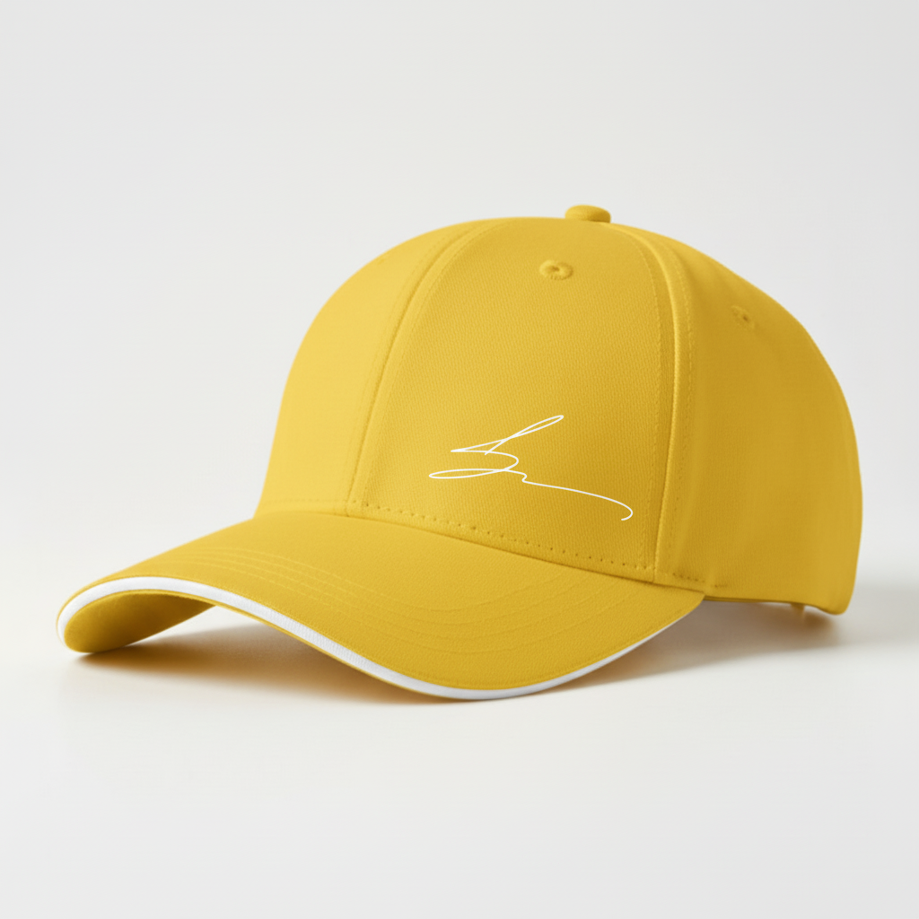 Yellow cap with white trim and white logo