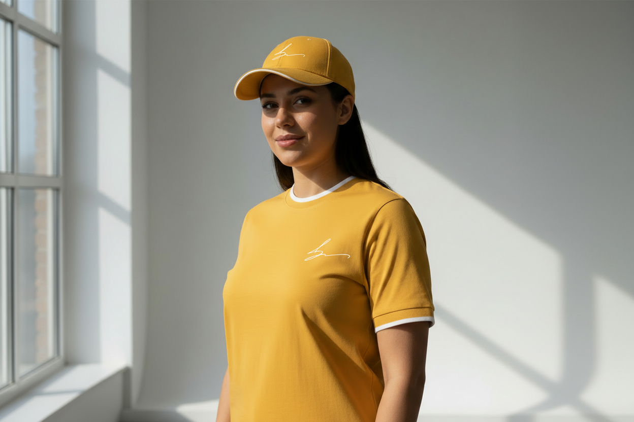 Yellow ensemble with white logo