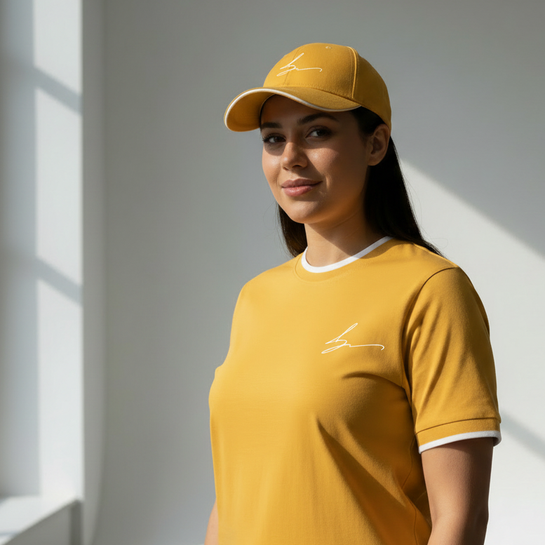Woman wearing a yellow t-shirt and cap with a logo, standing against a light gray wall.