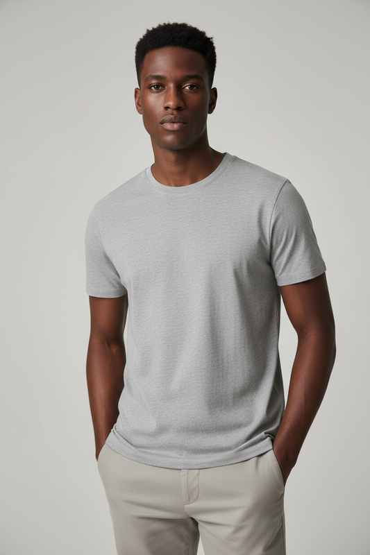 Young African American man wearing gray cotton crew neck t-shirt