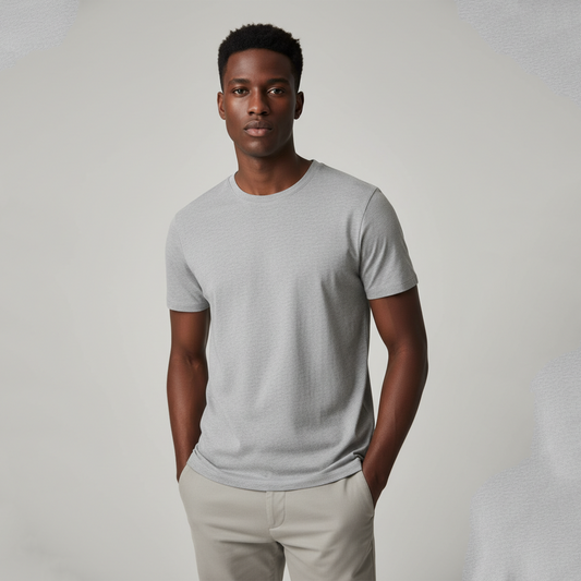 Young African American man wearing gray cotton crew neck t-shirt