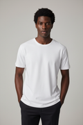 Young African American man wearing white cotton crew neck t-shirt