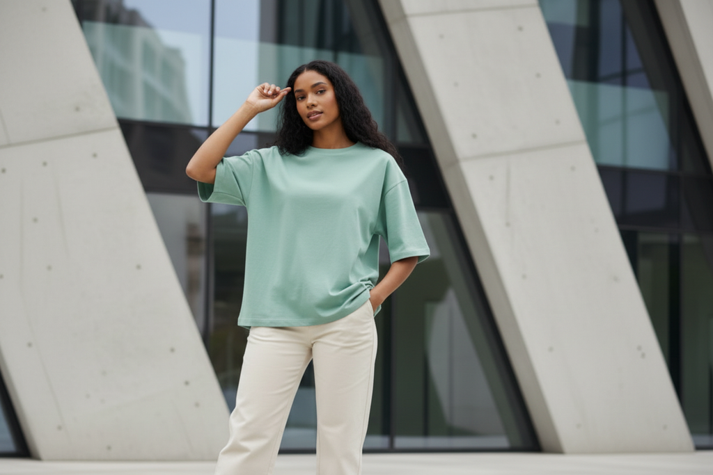 Young female in mint green t-shirt without hat