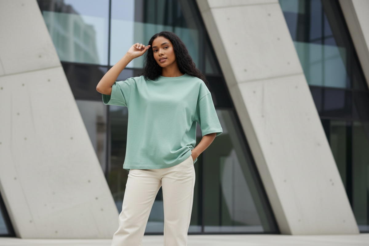Young female in mint green t-shirt without hat