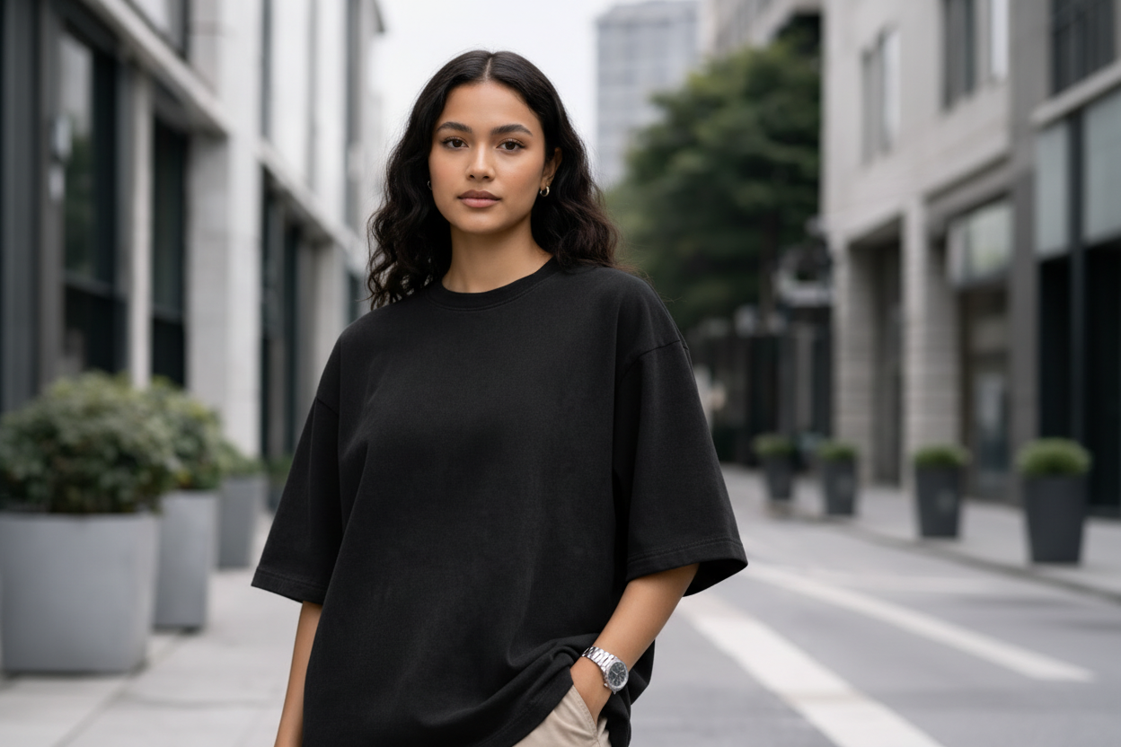 Young female model in untucked black oversized t-shirt and cargo pants